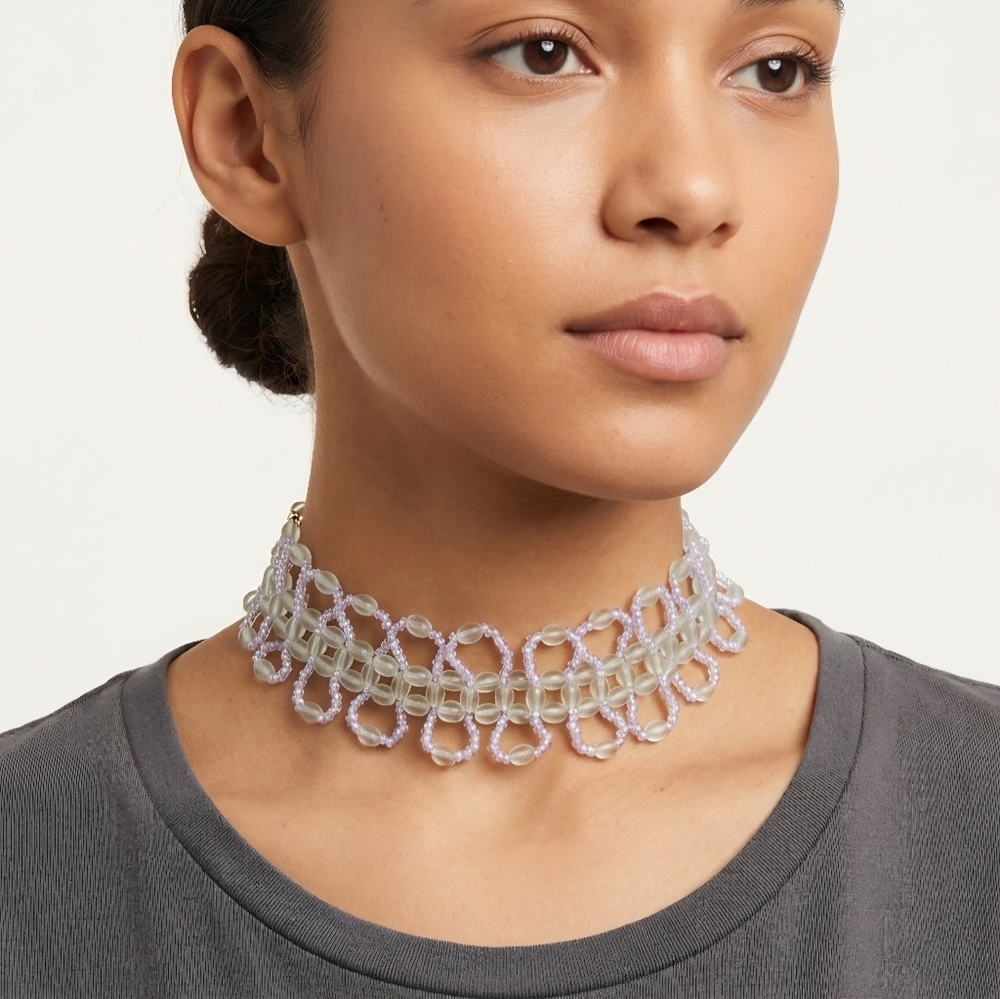 Free People Fleurie Beaded Choker Necklace Lavender Clear Statement NWT